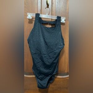 Great Lengths women’s one piece swimsuit black with blue Dots , size 12